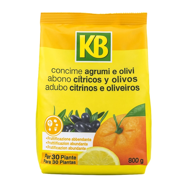 Confezione frontale del concime KB Agrumi e Olivi 800 g, fertilizzante minerale NPK per piante da frutto, agrumi e olivi