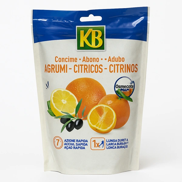 Confezione concime KB Agrumi Osmocote Max 750 g su sfondo bianco, fertilizzante a lenta cessione per agrumi e olivi