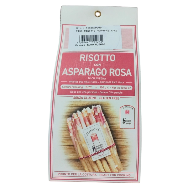 Confezione da 300 grammi di riso con asparago rosa di Cilavegna prodotto da Cascina Alberona