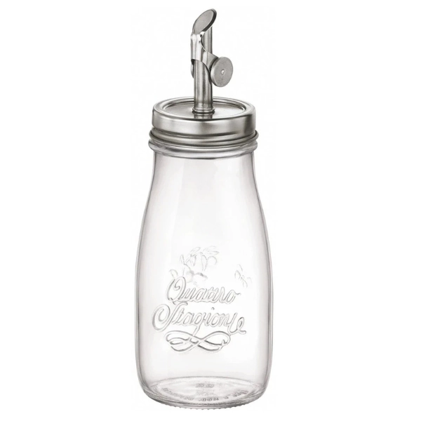 Bottiglia Bormioli Quattro Stagioni da 40 cl per olio con beccuccio in acciaio inox, in vetro trasparente