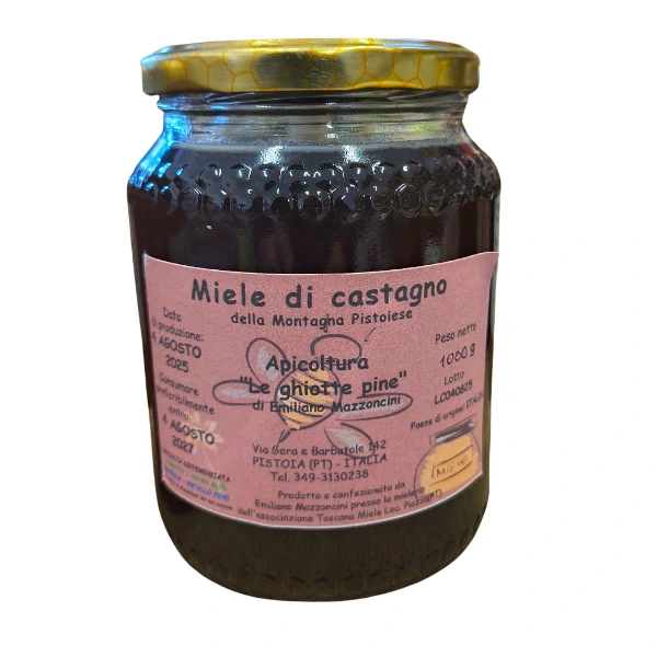 Barattolo da 1000 gr di miele di castagno della Montagna Pistoiese prodotto da Apicoltura Le Ghiotte Pine di Emiliano Mazzonicini