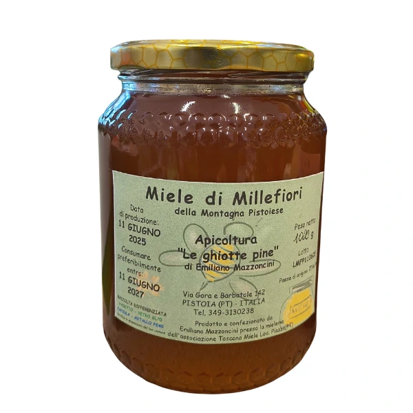 Barattolo da 1000 gr di miele Millefiori della Montagna Pistoiese prodotto da Apicoltura Le Ghiotte Pine di Emiliano Mazzonicini