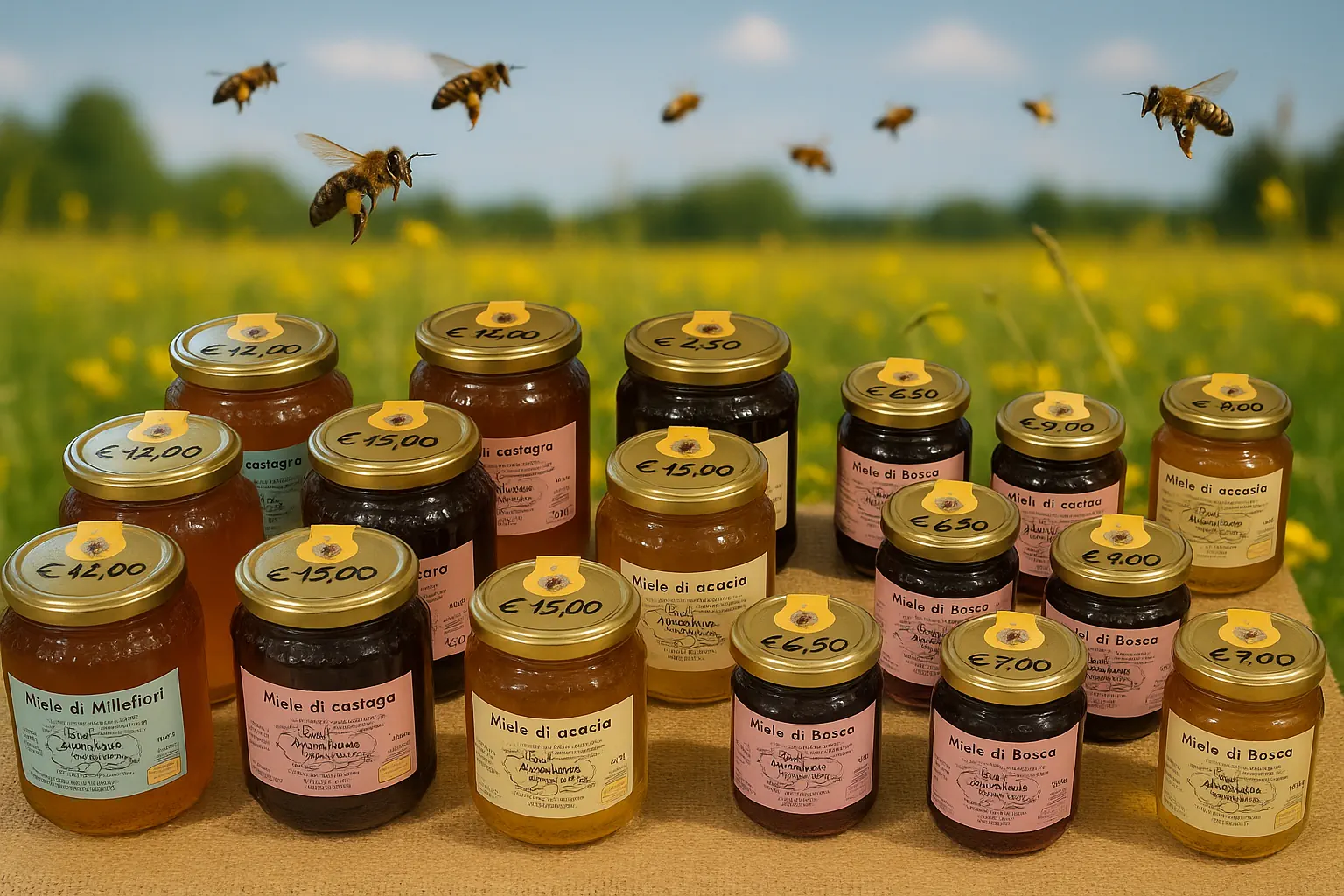Miele in vendita nello shop di Pierucci Agricoltura in barattoli da 1 Kg e da 500 gr. Gusti Miele di bosco, acacia, millefiori, castagno