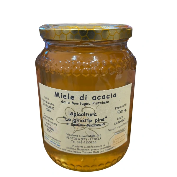 Barattolo da 1000 gr di miele di acacia della Montagna Pistoiese prodotto da Apicoltura Le Ghiotte Pine di Emiliano Mazzonicini