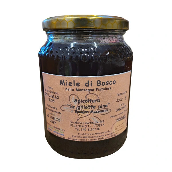 Barattolo da 1000 gr di miele di Bosco della Montagna Pistoiese prodotto da Apicoltura Le Ghiotte Pine di Emiliano Mazzonicini
