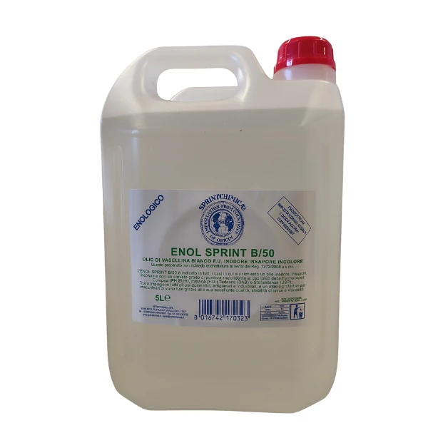 Tanica da 5 litri di Enol Sprint B/50, olio enologico di vasellina bianco F.U. puro, inodore e incolore prodotto da Sprintchimica