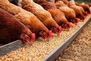 Galline che mangiano mangime per polli e galline a base di misto granaglie in cortile rurale